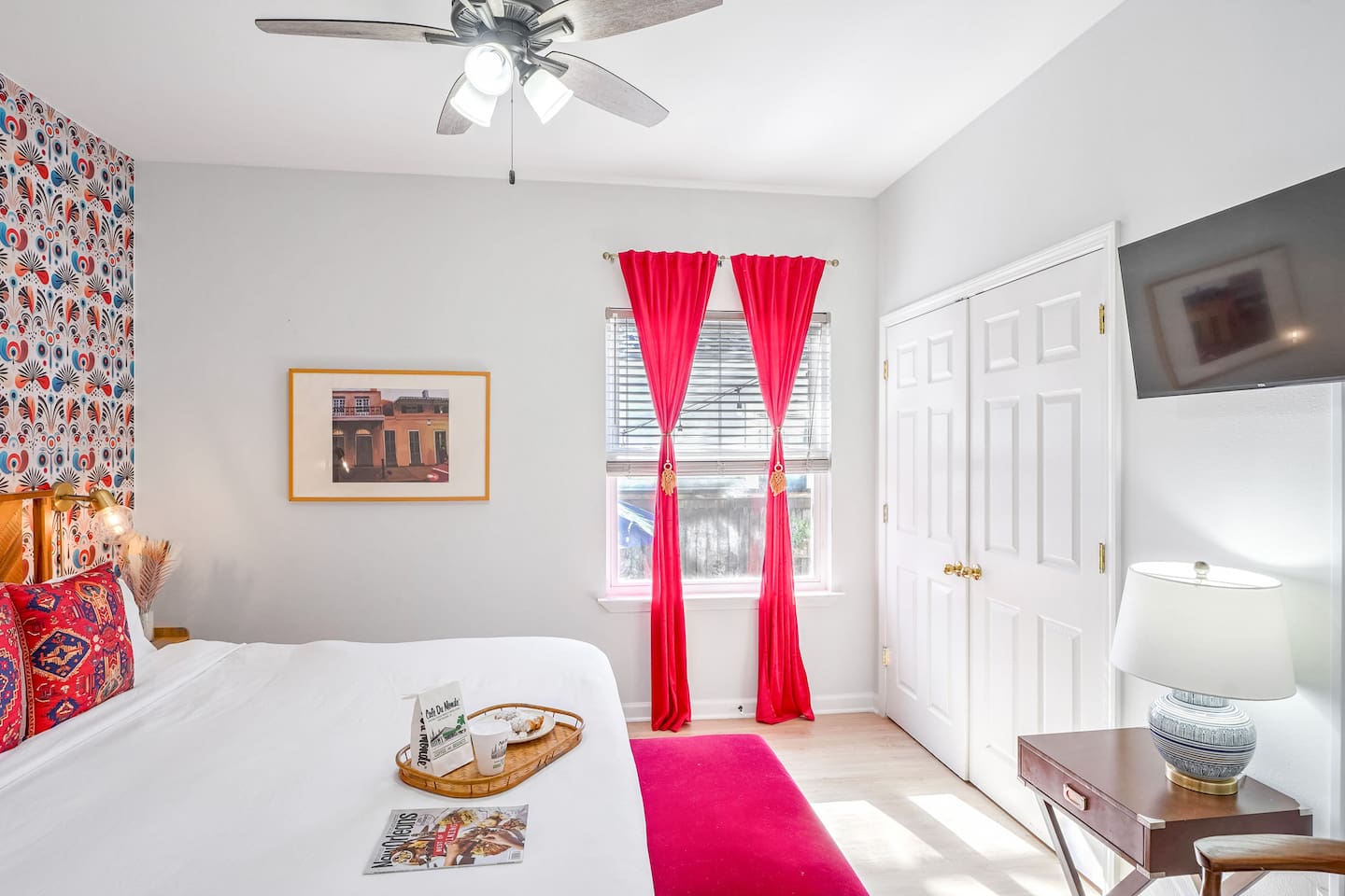 Your downstairs master offers large closets (as do all the bedrooms) for style with ample storage. Stylish reading lights, a Roku TV and plenty of seating and places to put your things. 