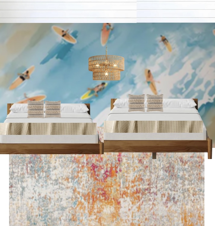 This is what the NEW guest bedroom will look like- This is the exact wallpaper, beds, fixtures and pillows that we’re using in the guest bedroom. 2 new Queen Beds!
