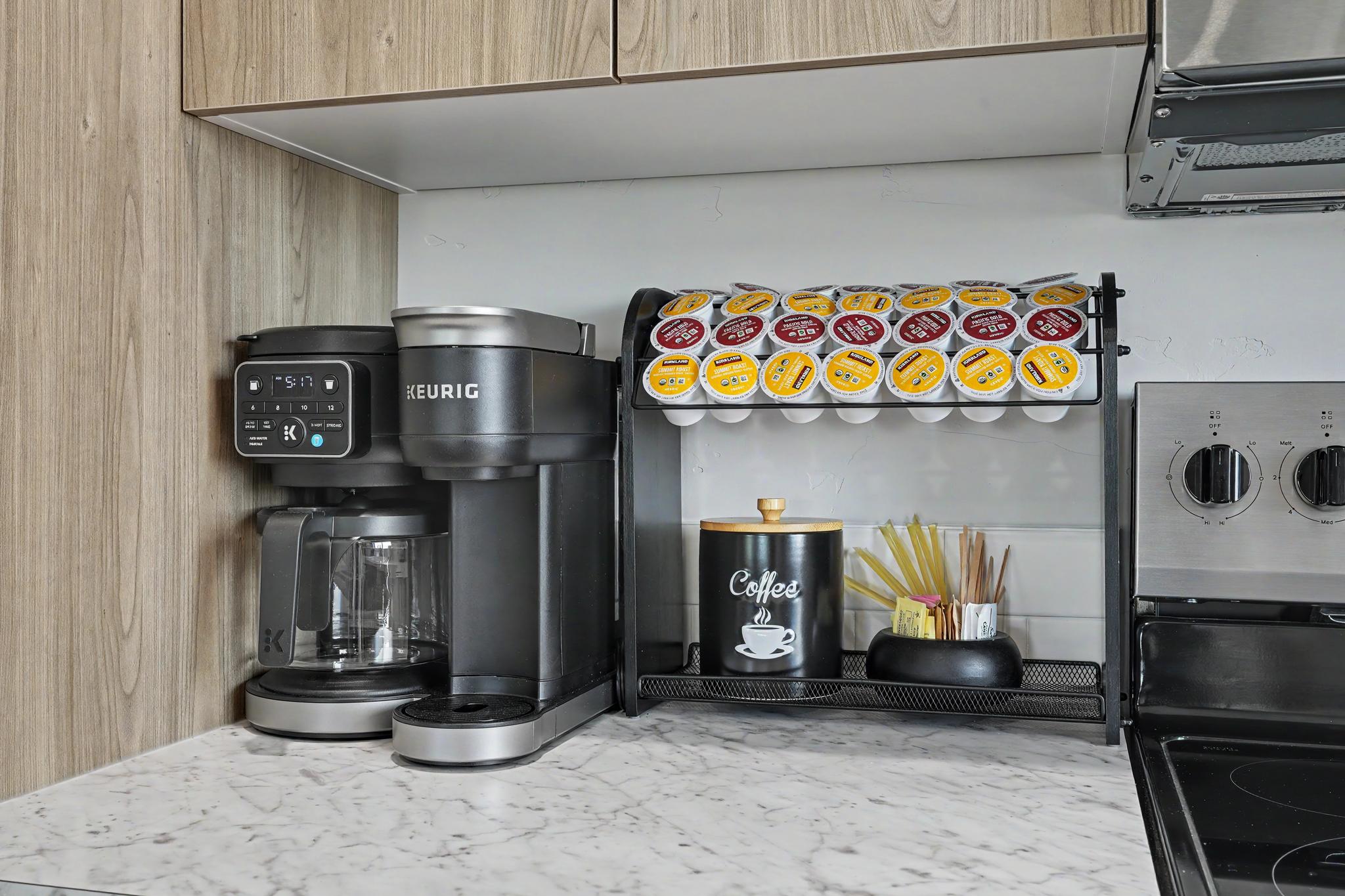 Enjoy drip coffee or Keurig pods. We also have tea. 