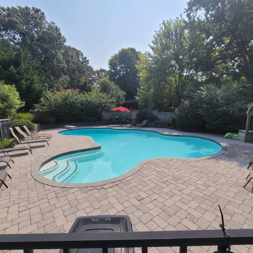 Pool in back yard (it is 39K gallons of water, 8.5 feet deep at the diving board, 3ft deep at shallow end)