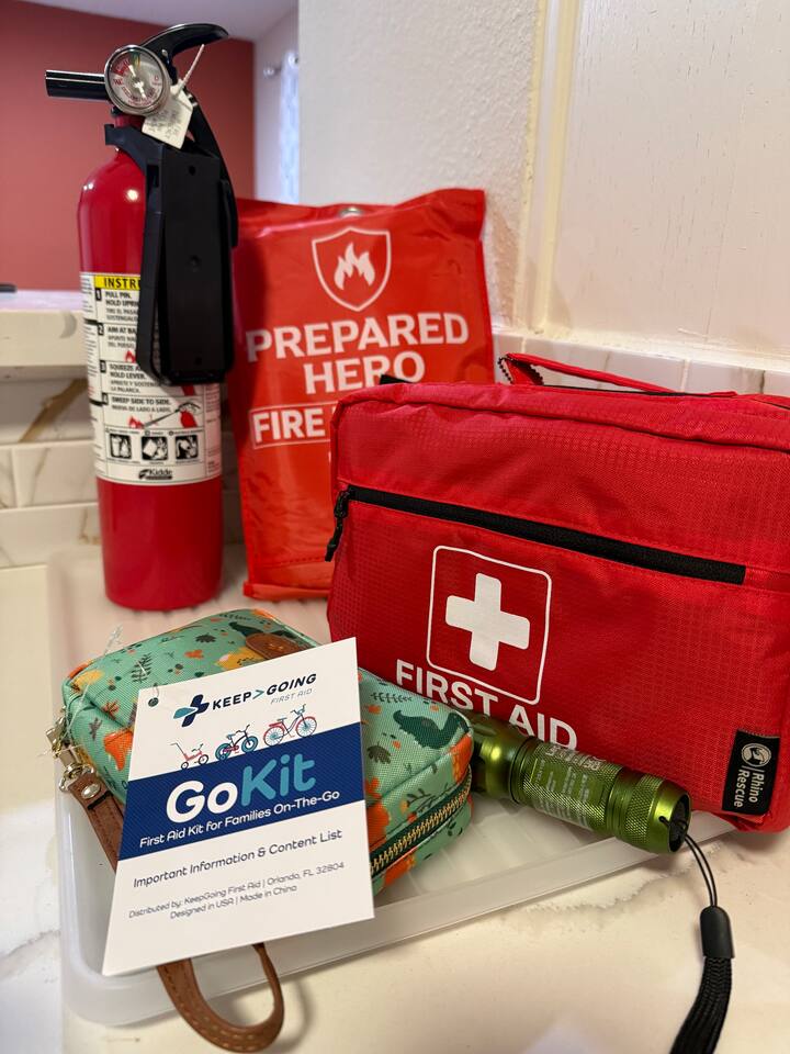 First aid kit (including child-friendly supplies), fire blanket, and fire extinguisher available for your safety.