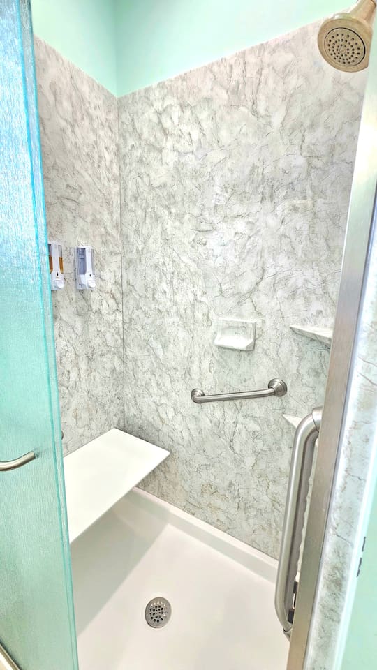 walkin shower with sitting ledge and handle bars. shampoo and soap