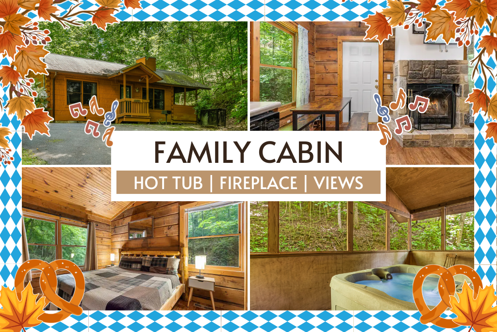 Family cabin retreat with a hot tub, fireplace, and forest views.