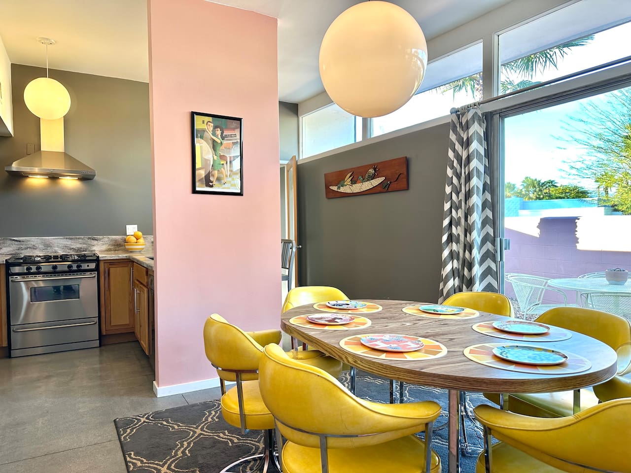 Dining area with front patio view