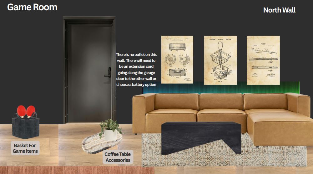 Entertainment lounge with modern sectional seating and playful décor.