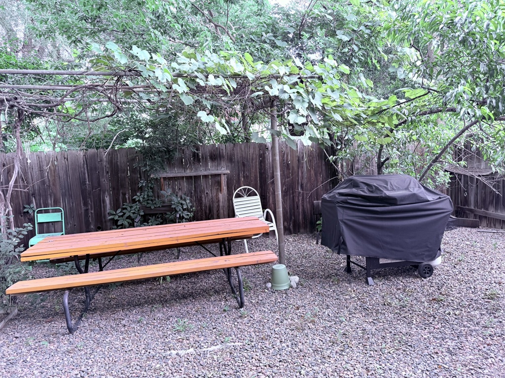 🌿 “Grill, chill, and grapevine thrills.” Unwind under the leafy pergola with a sizzling BBQ and a picnic table perfect for gathering.