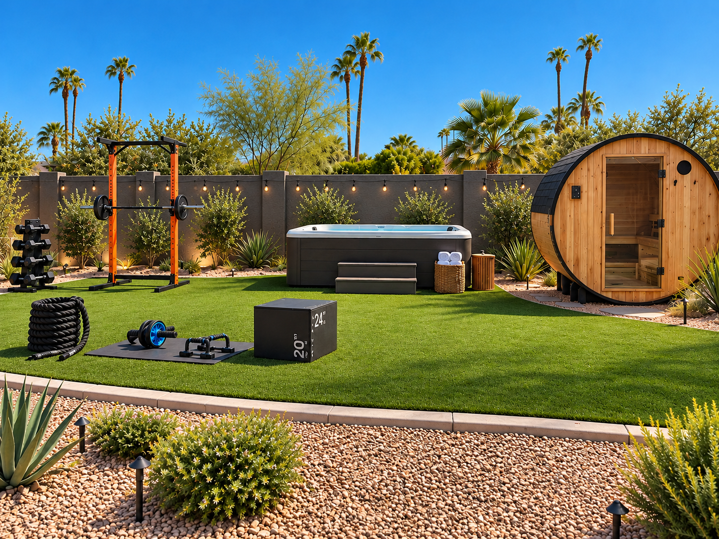 {Gym & Wellness Area} Your private outdoor wellness zone — complete with a full open-air gym, 6-person barrel sauna, and 2-person cold plunge for workouts, recovery, and Scottsdale sunshine.