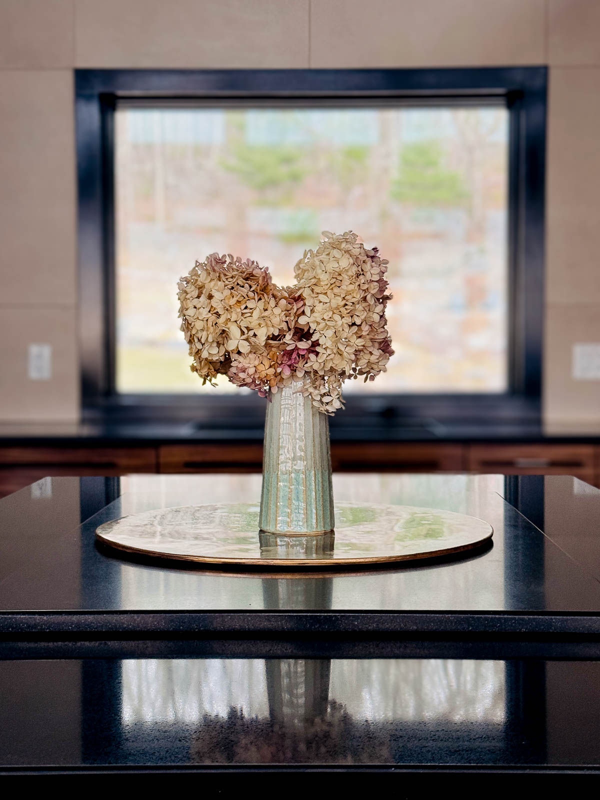 Hydrangeas in a ceramic vase on the kitchen island &mdash; Sunset Falls Berkshires