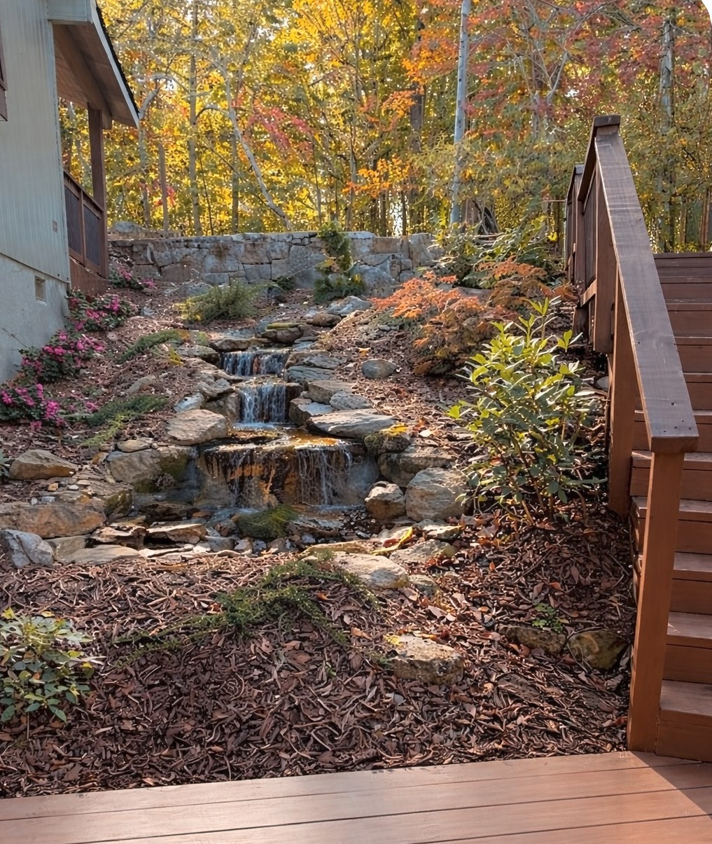 A custom-built cascading waterfall welcomes you at the front of the home—a peaceful, unexpected showpiece that sets the tone for your stay. You can hear a gentle sound of flowing water while in the living room and on the back deck.