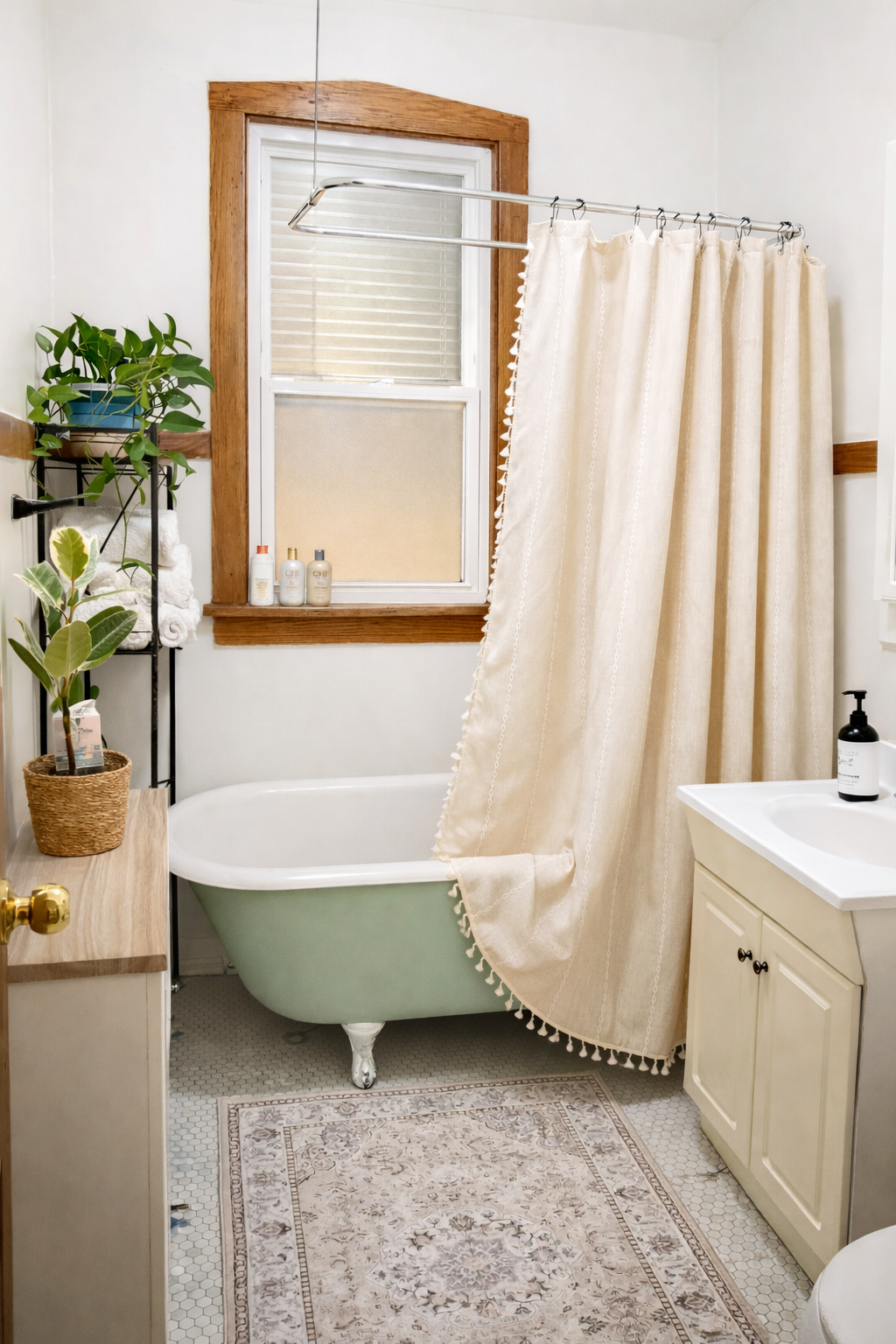 Clean, bright bathroom with full tub/shower and fresh hotel-style towels for comfortable, reliable stay.