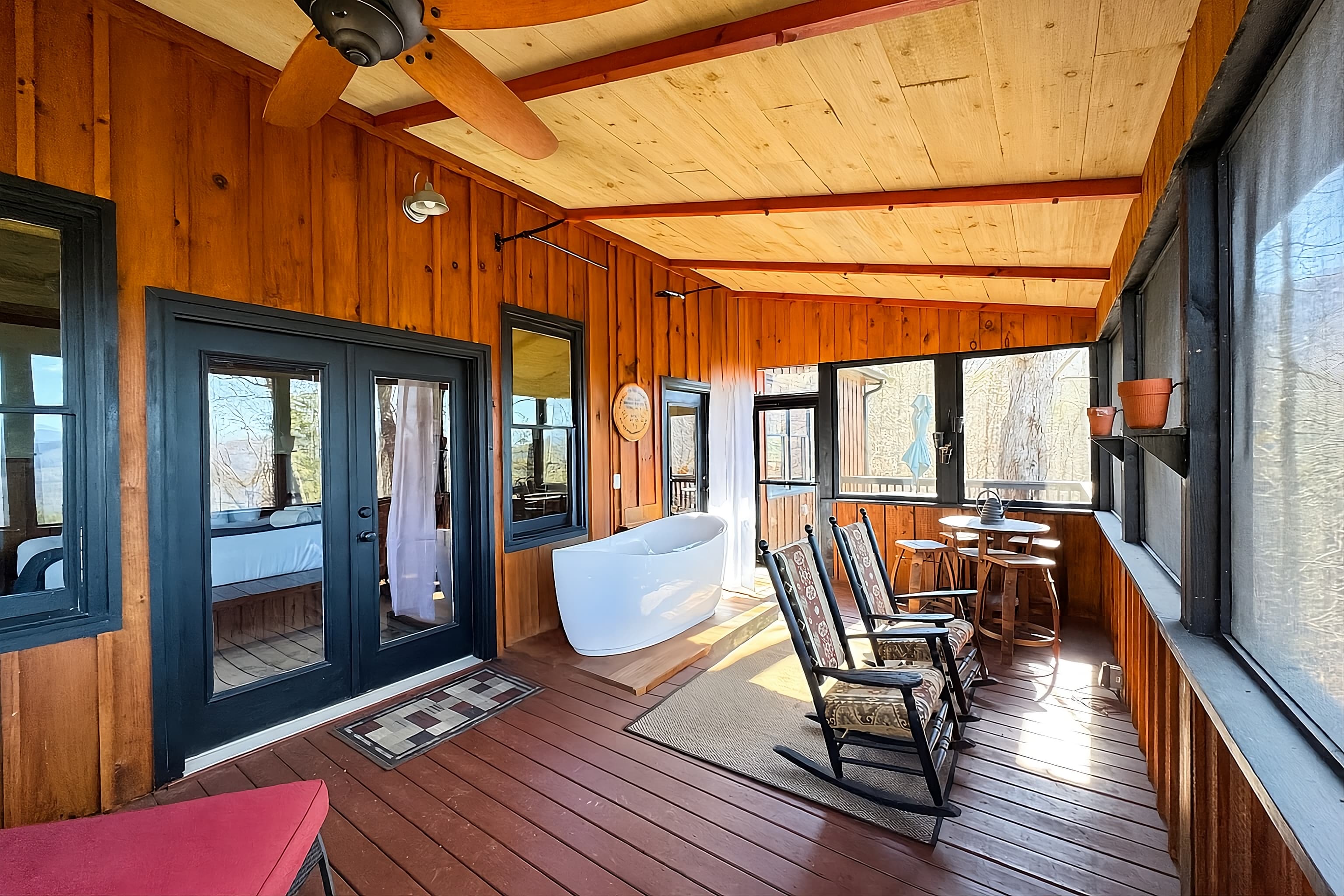 Our Outside screened in Deck is such an awesome place. Rainy days or cool spring nights! Whirlpool tub is available from roughly April 1. Oct 1 - weather dependent. 