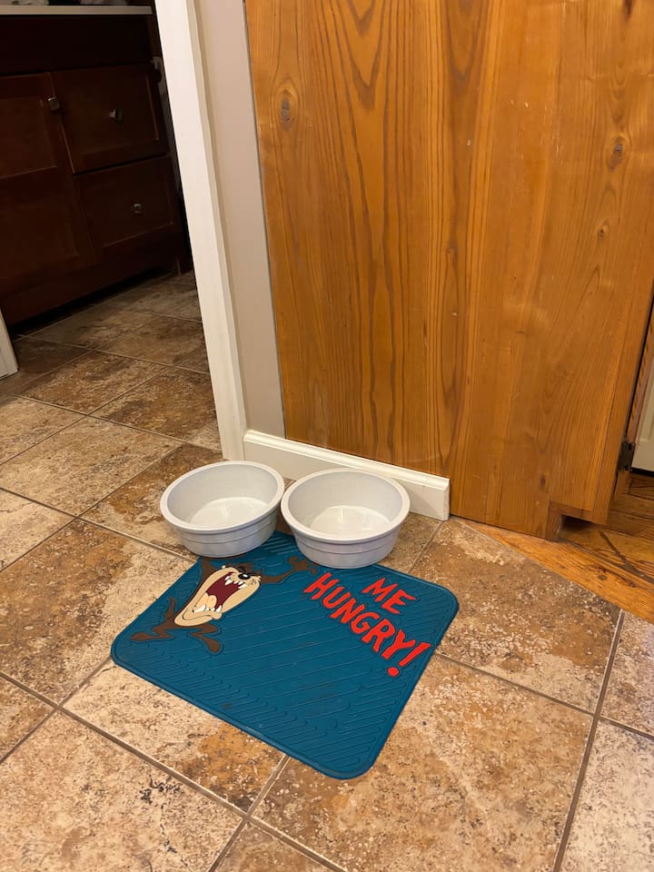 Provided water and food bowls for you cat or pup for convenience!