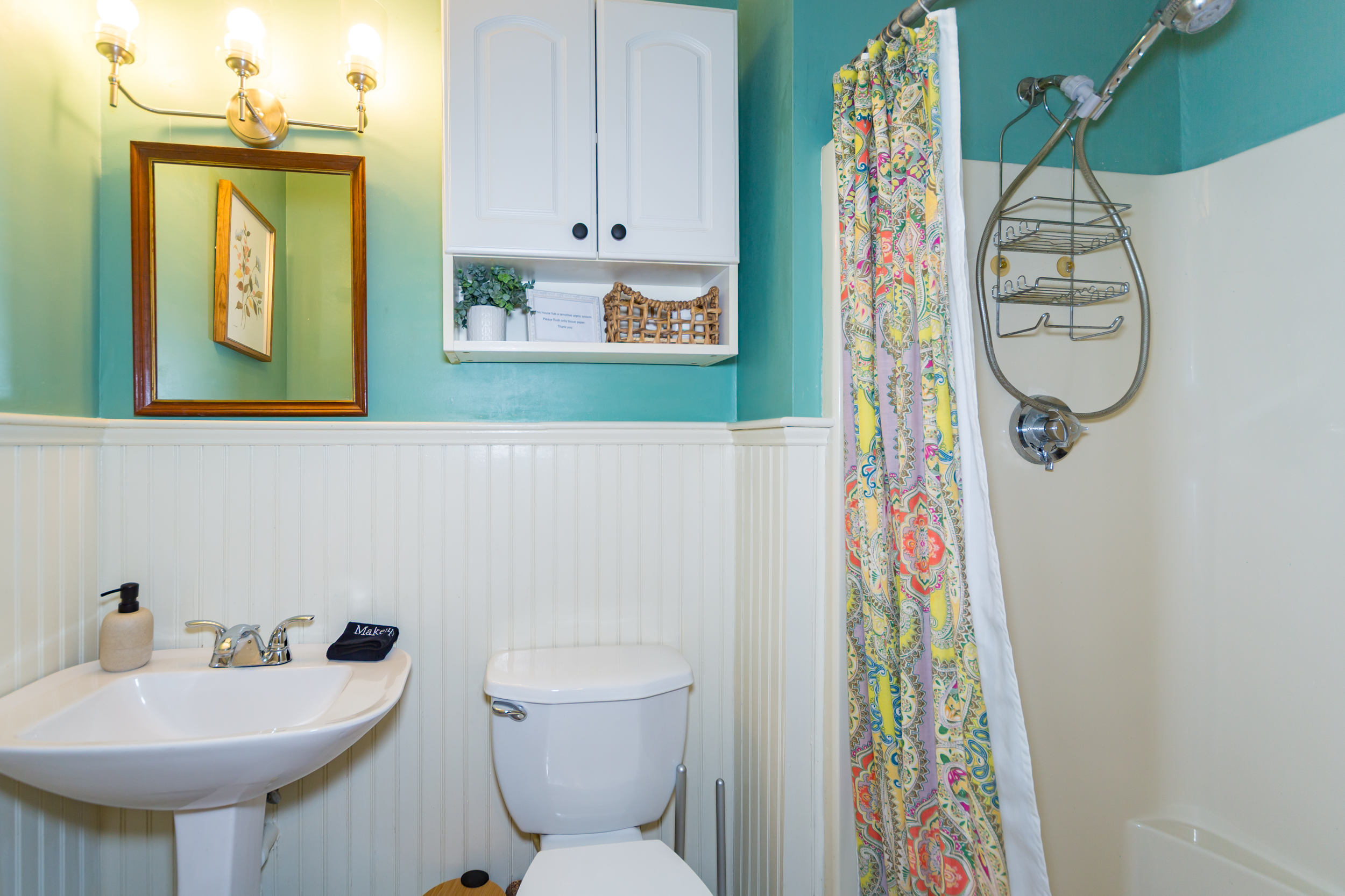 Convenient basement bathroom for post-activity refresh.