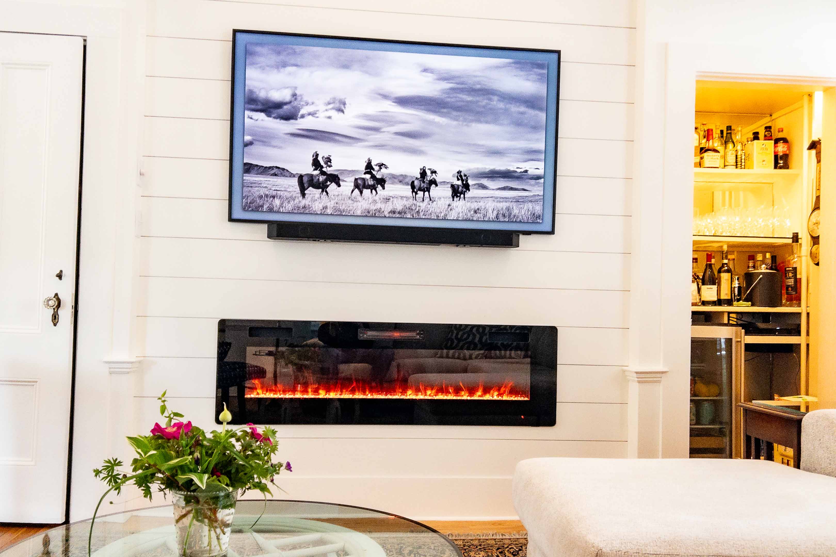 West Wing fireplace Samsung Frame TV & Honor Bar