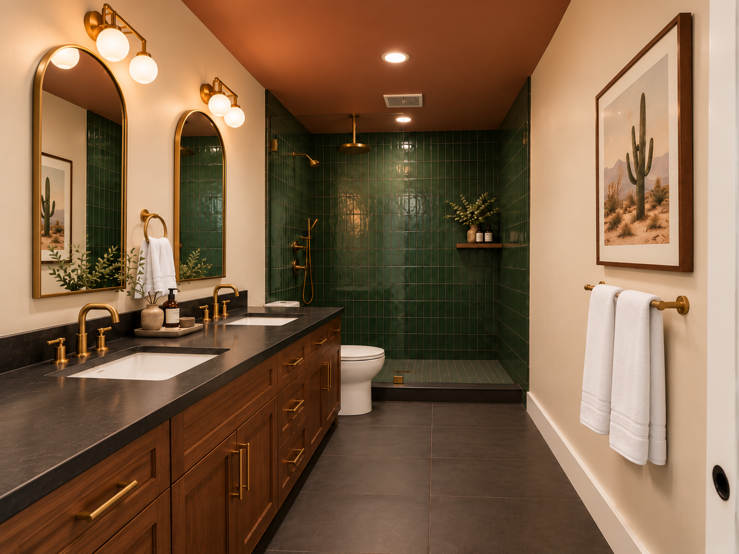 {Bathroom 4} A bold desert-modern retreat with rich green tile, walnut cabinetry, black countertops, brass accents, and a warm Cavern Clay ceiling.