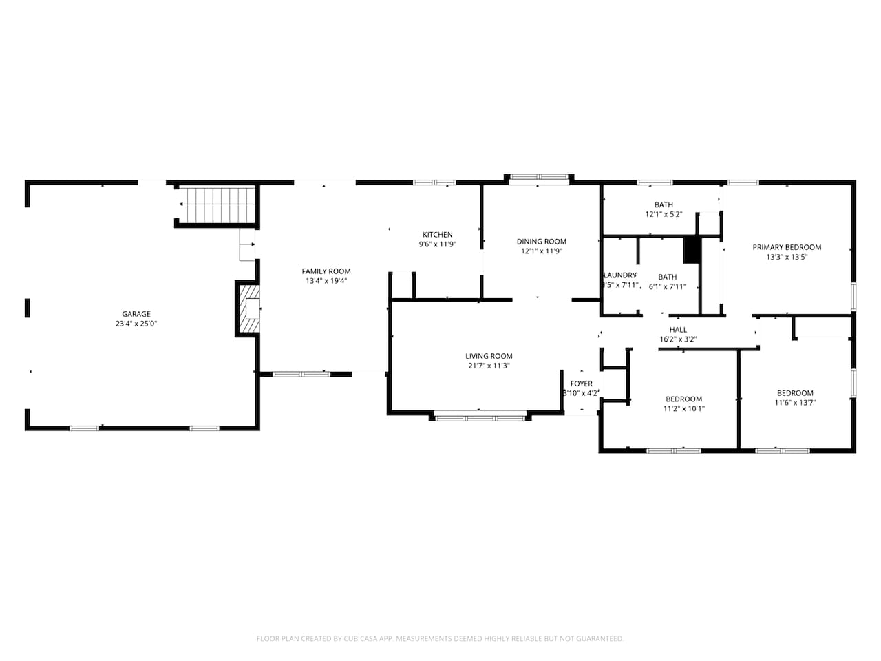 Floor plan: single-level layout with 3 bedrooms and 2 full baths on one level, no stairs 