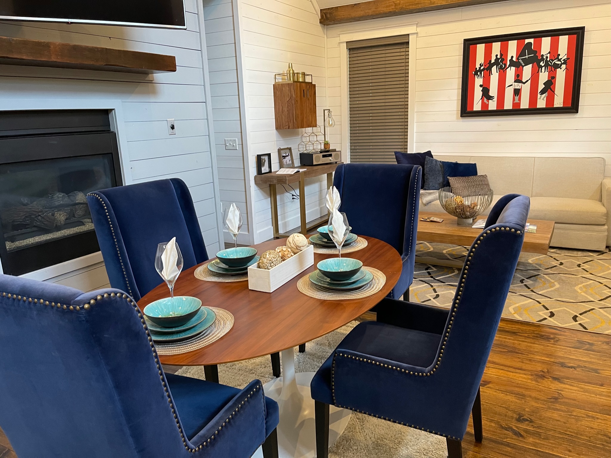 Elegant and comfortable dining space. Which, if you simply cannot get away from work, also makes a good space to set up shop.