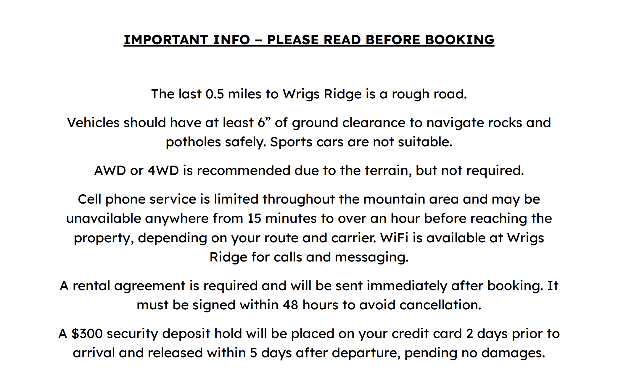 IMPORTANT INFO – PLEASE READ BEFORE BOOKING