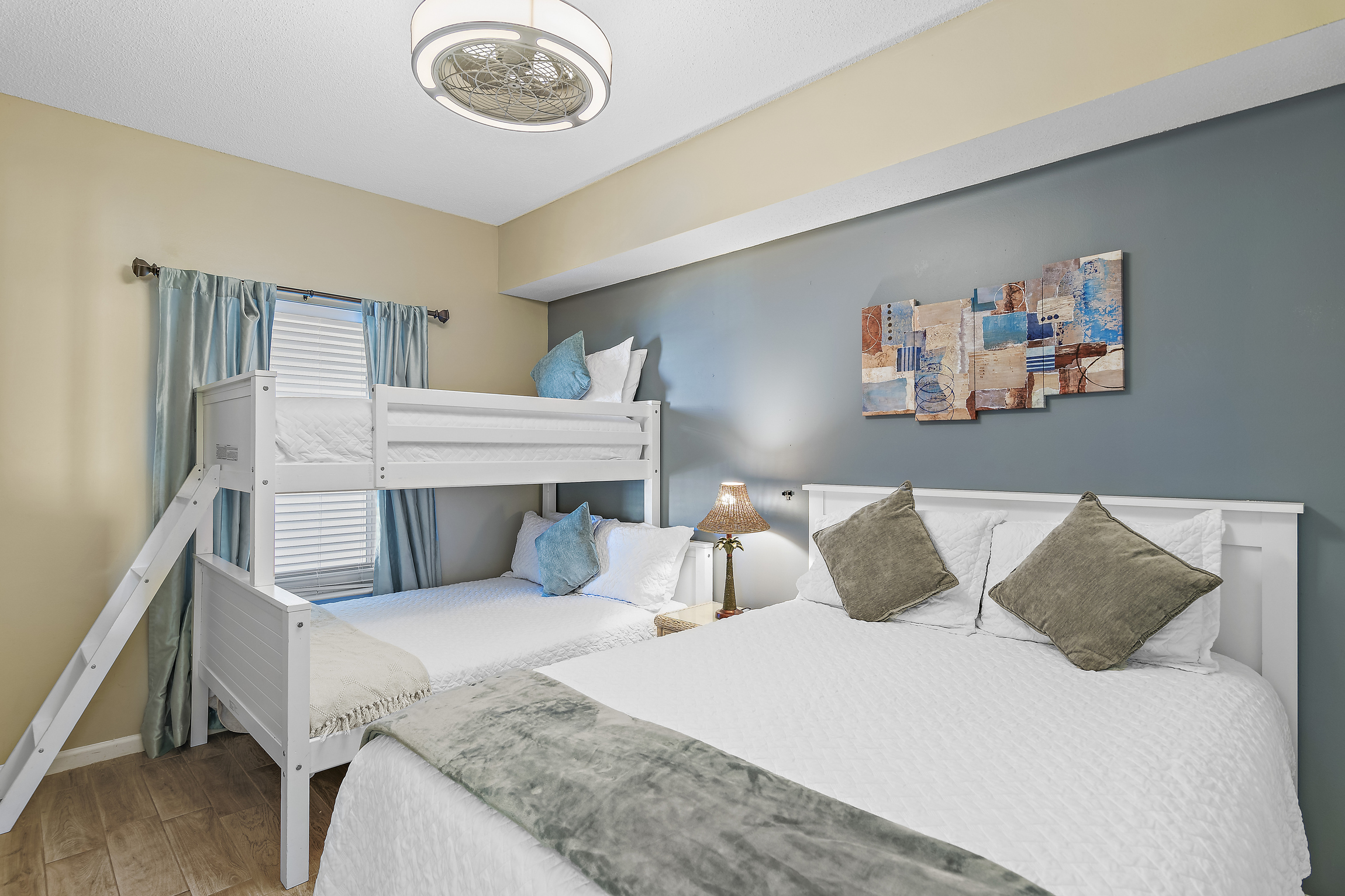 3rd bedroom has QUEEN BED, TWIN OVER FULL BUNK BEDS, Smart TV w/ cable, private bathroom, and closet