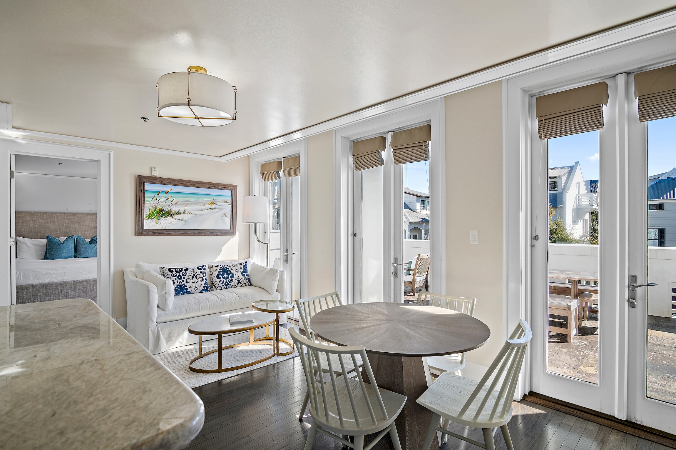 Sunshine pours in through the numerous french doors throughout the condo.