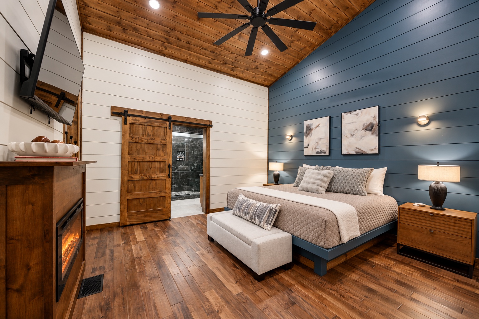Retreat to soothing blue tones, soft bedding, and a peaceful night’s sleep.