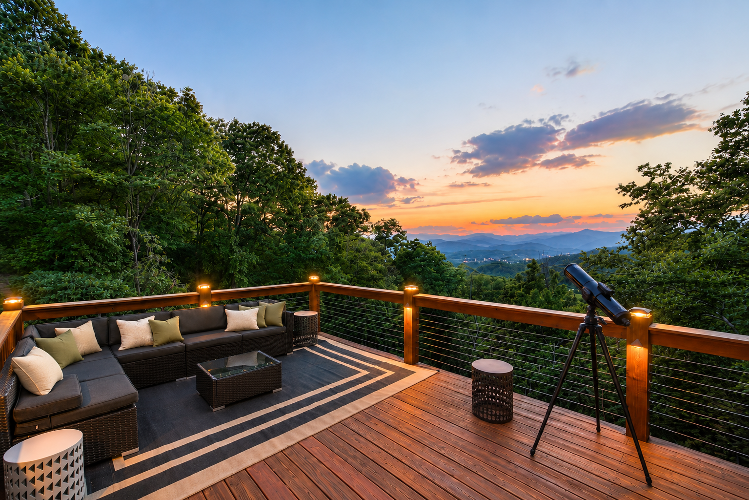 {Sunset Deck} Head upstairs for some of the best views in Brevard—pour a cocktail, turn on your favorite playlist, and settle in for sunset over the mountains.