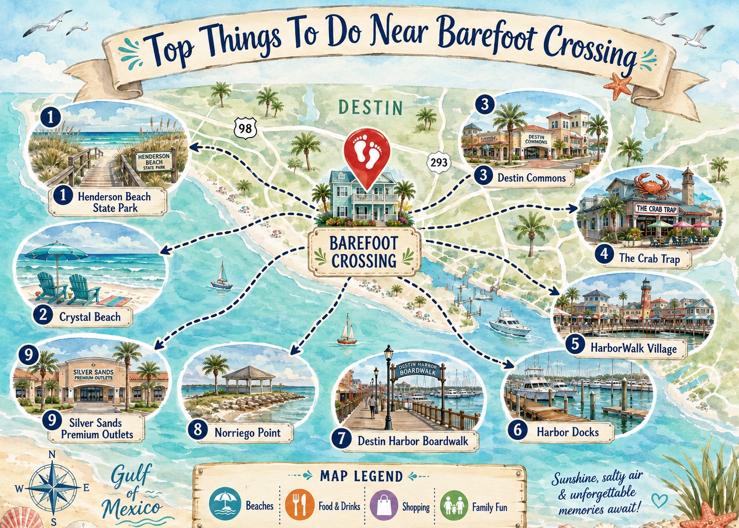Explore the best of the Emerald Coast, from beautiful beaches and waterfront dining to shopping, harbor walks, and family-friendly attractions, all just a short drive from Barefoot Crossing. 🌴🌊