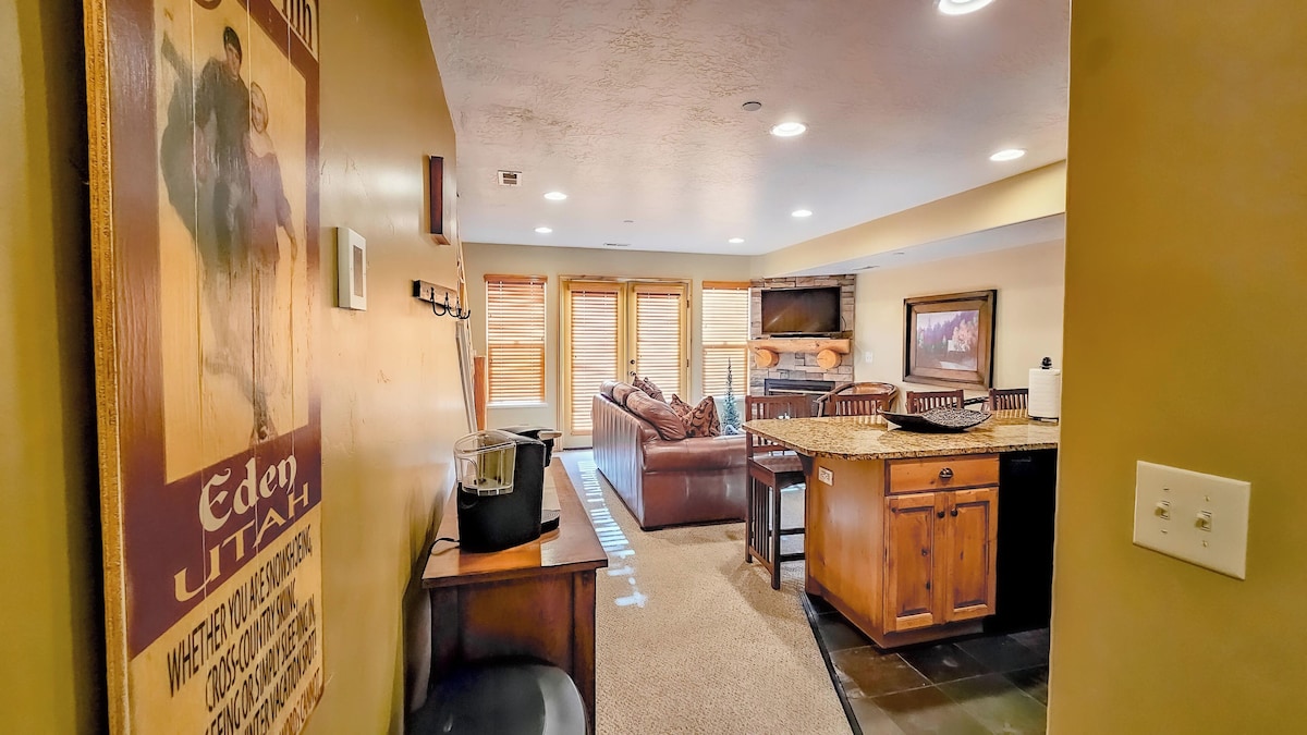 View from the hallway into the kitchen/living room area.