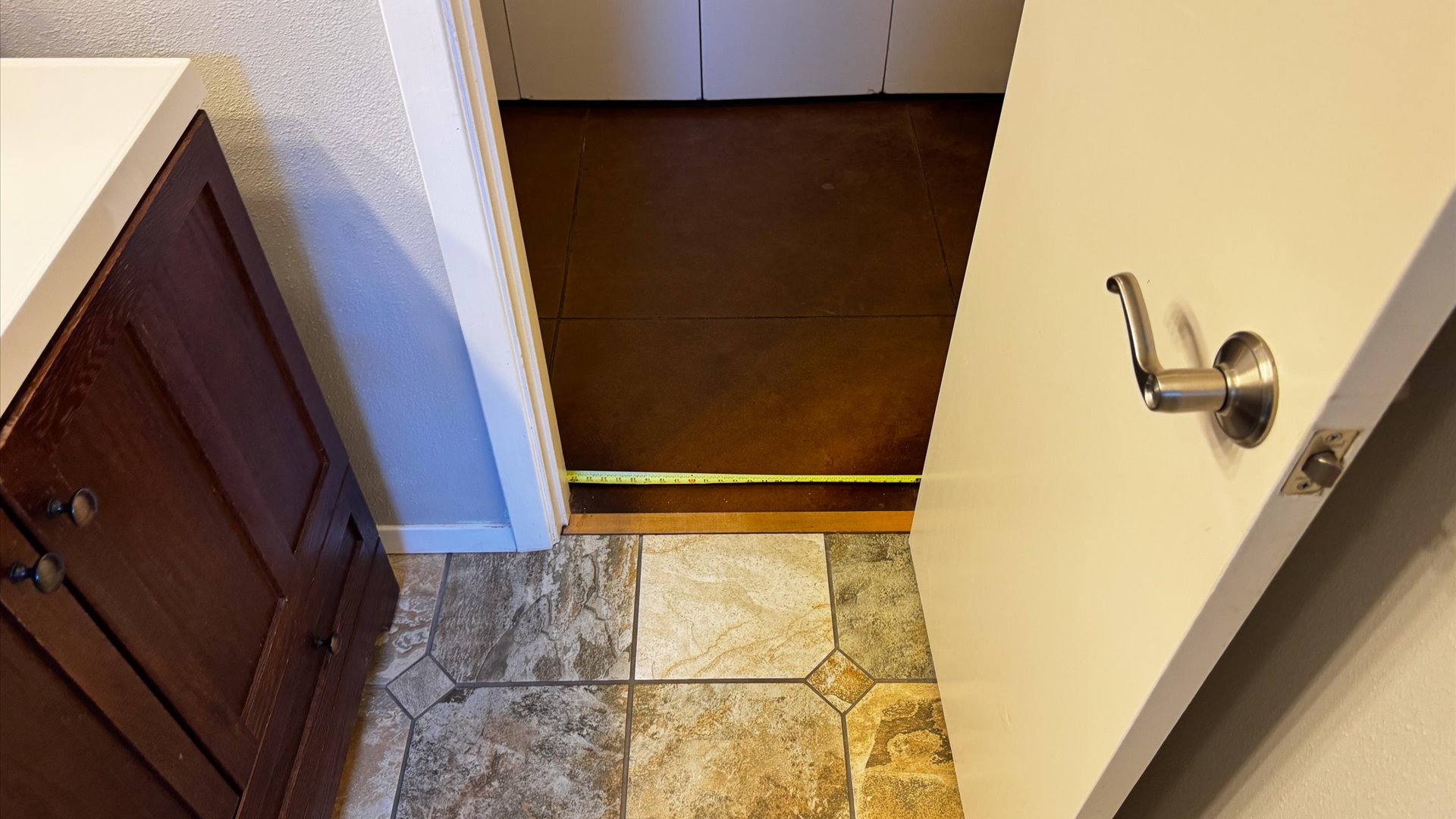 View into Hall Bathroom. Zero step entry. 