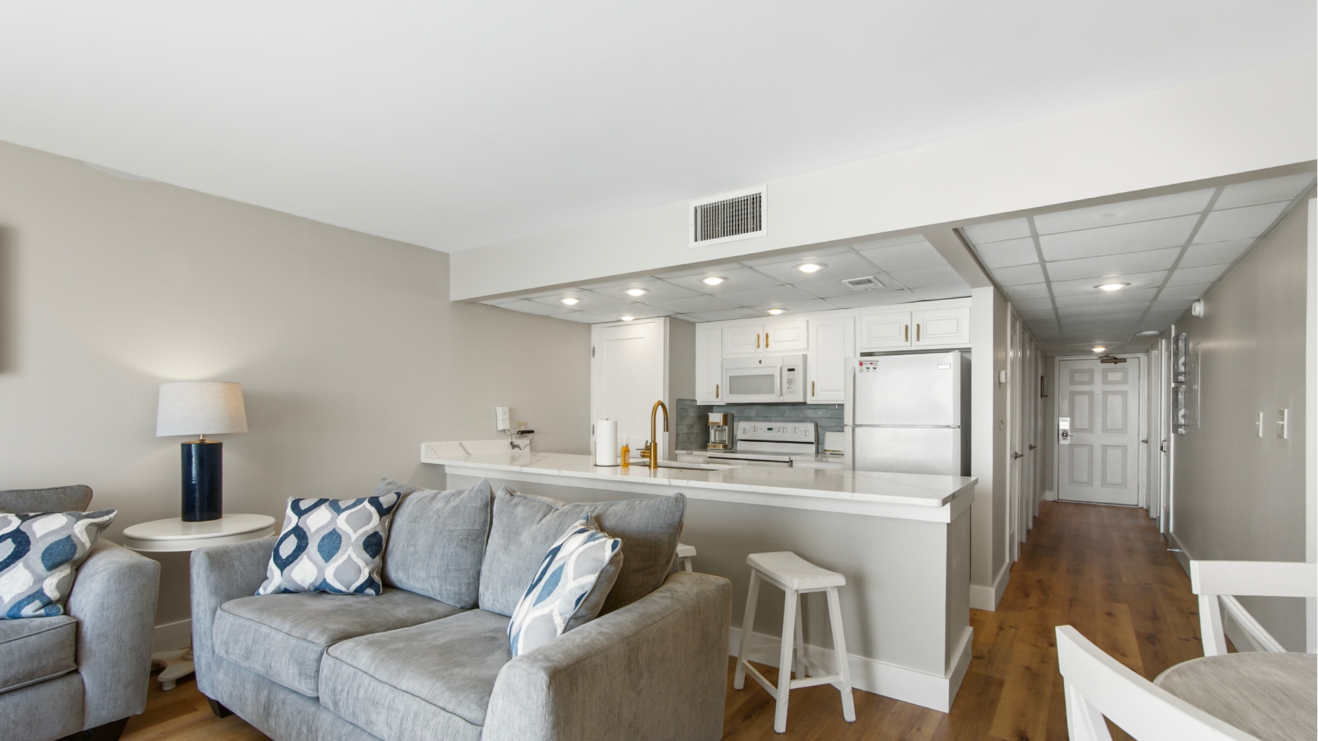 Seating and kitchen area