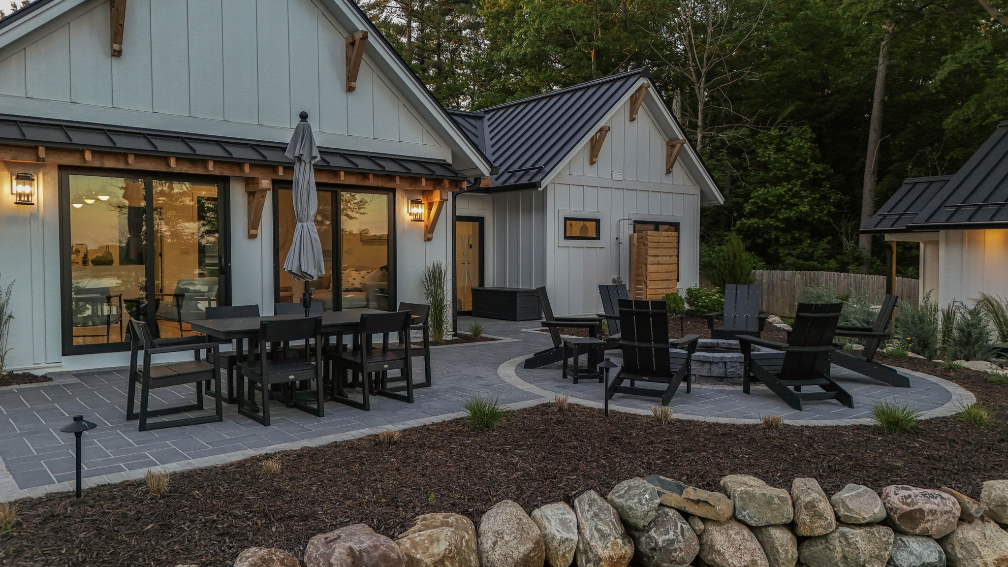 Outdoor shower, dining and private fire pit.