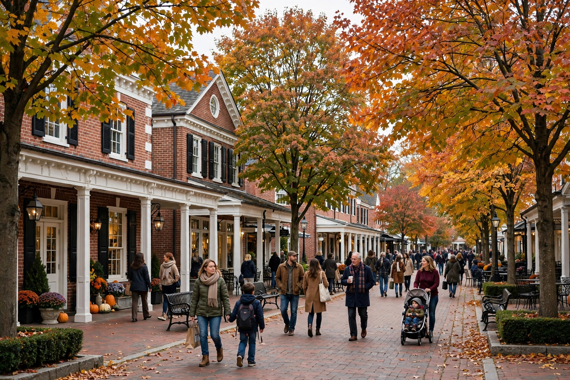 Open-air outlet shopping village in autumn