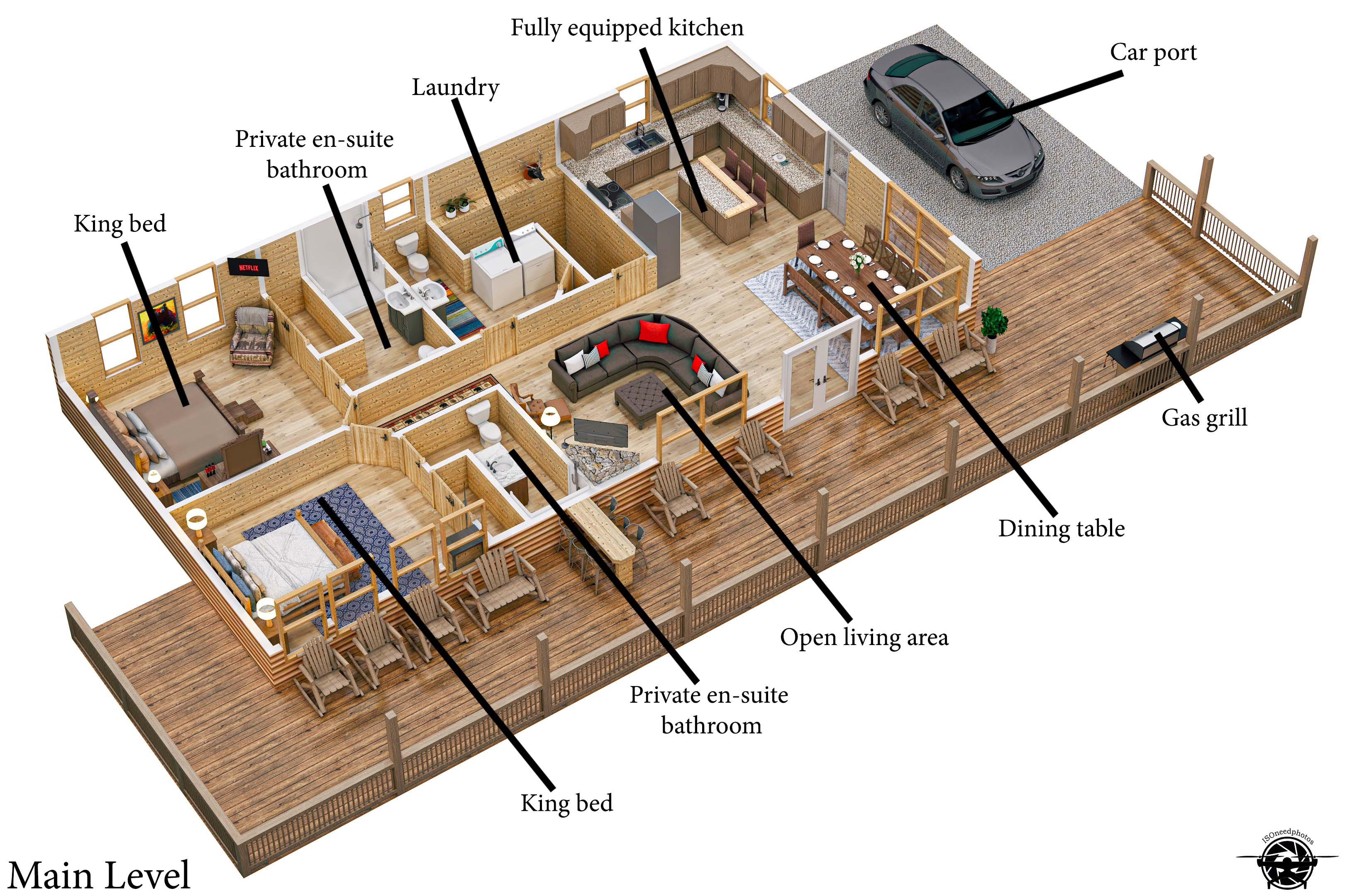 This main level floor plan features a fully equipped kitchen, open living area, two king bedrooms with en-suite bathrooms, laundry, and even a gas grill on the deck!
