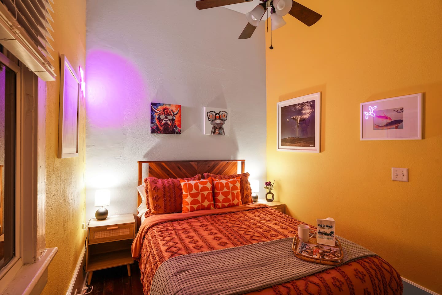 Enjoy the stylish decor and extra pillows in the Yellow Room 