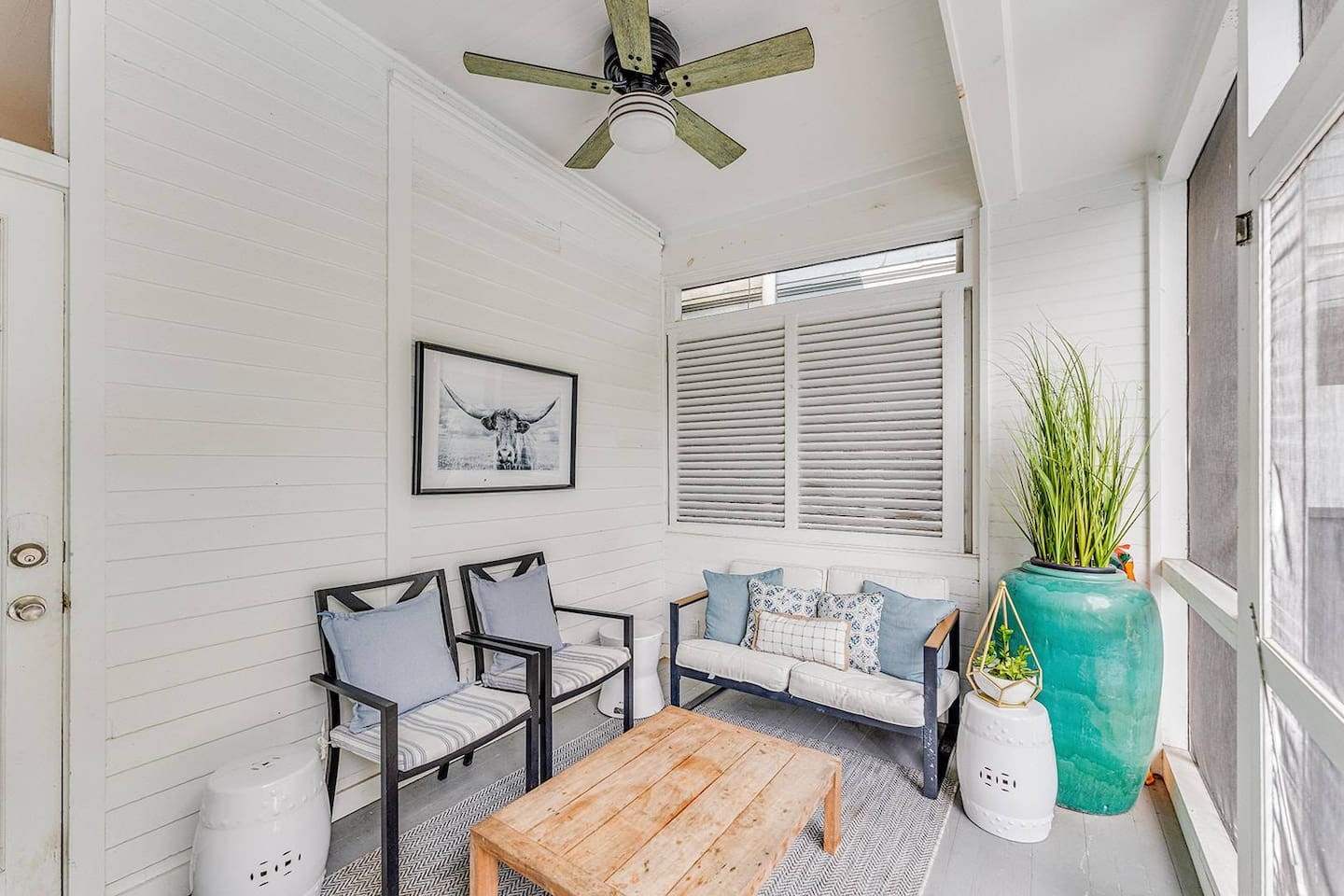 Screened in porch with ceiling fan make this a year round option.  Take a break from the heat or enjoy an evening bug free while enjoying the peaceful backyard and pool.