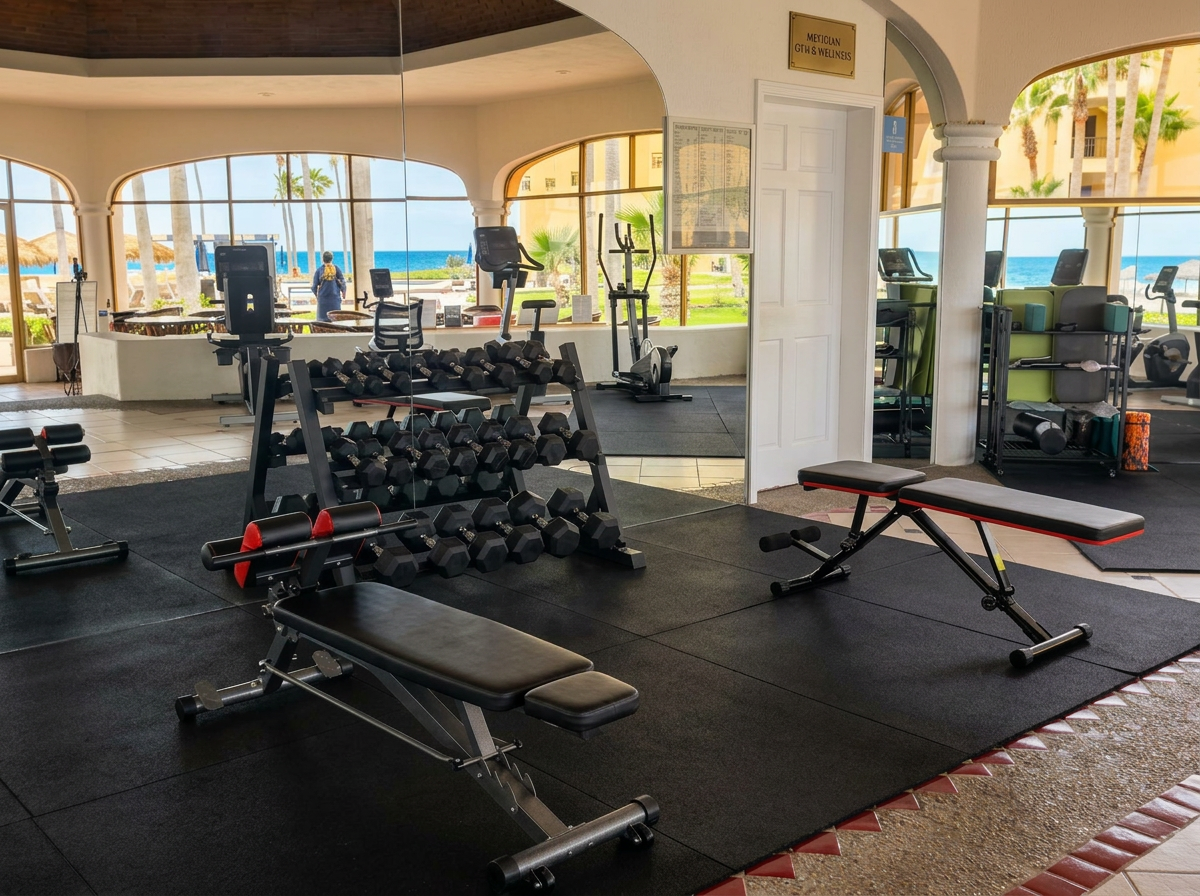 Gym equipment, free weights located in the clubhouse