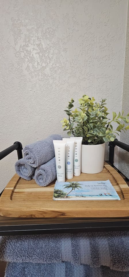 Travel size toiletries provided including makeup wipes.