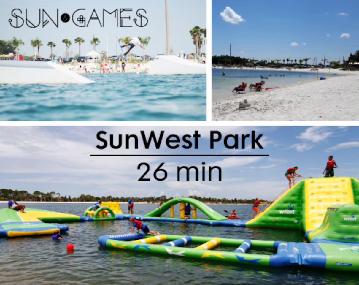 SunWest Park is a recreational waterfront facility in northwest Pasco. Gracing the shores of the 70 acre spring-fed lake you will find beautiful white sand that creates an unparalleled beach atmosphere. A 26 minute drive from Sun & Games.