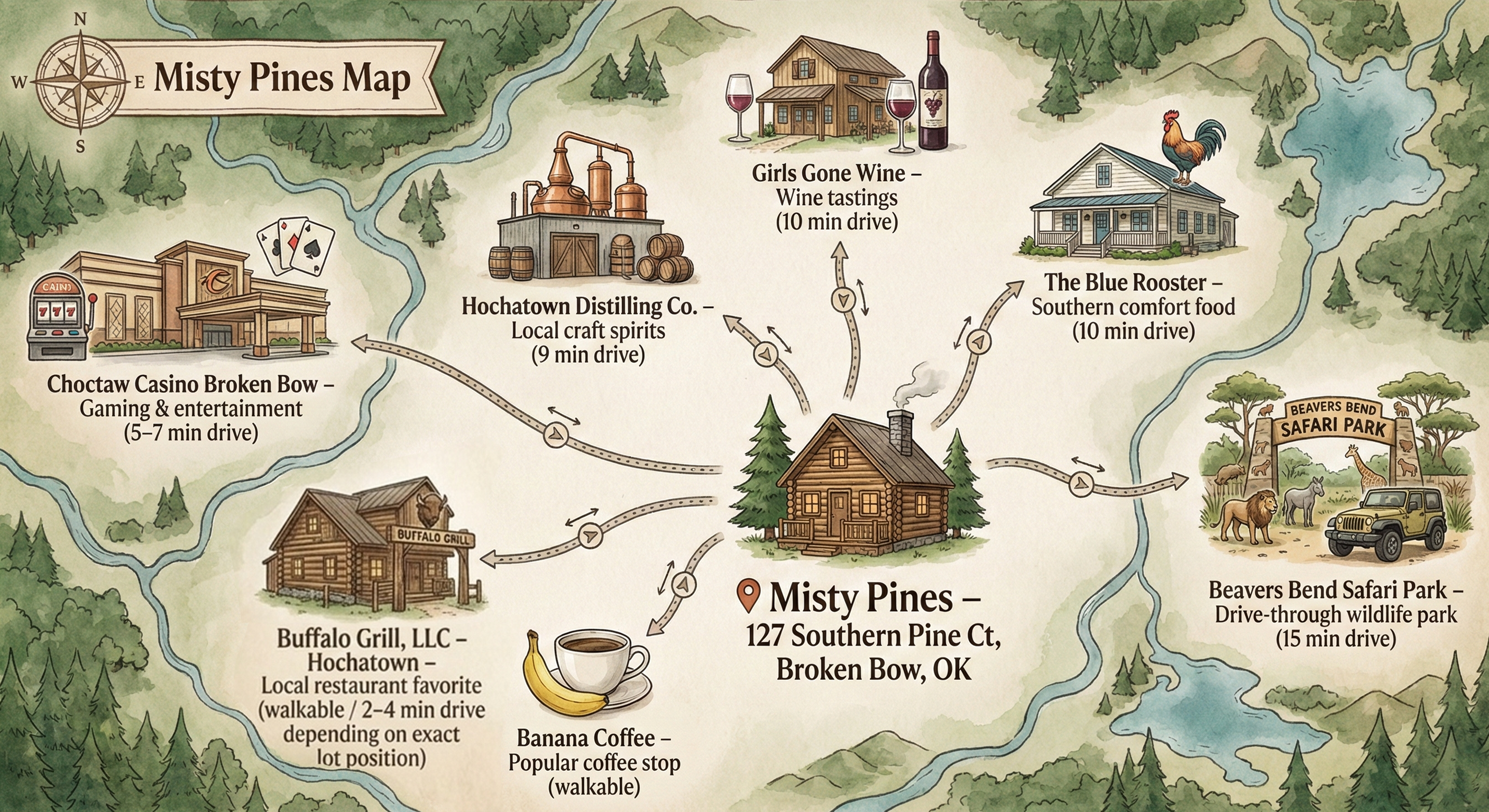 Close to local favorites, wineries, dining and scenic outdoor spots, Misty Pines offers the perfect balance of peaceful seclusion and easy access to Hochatown's best experiences.