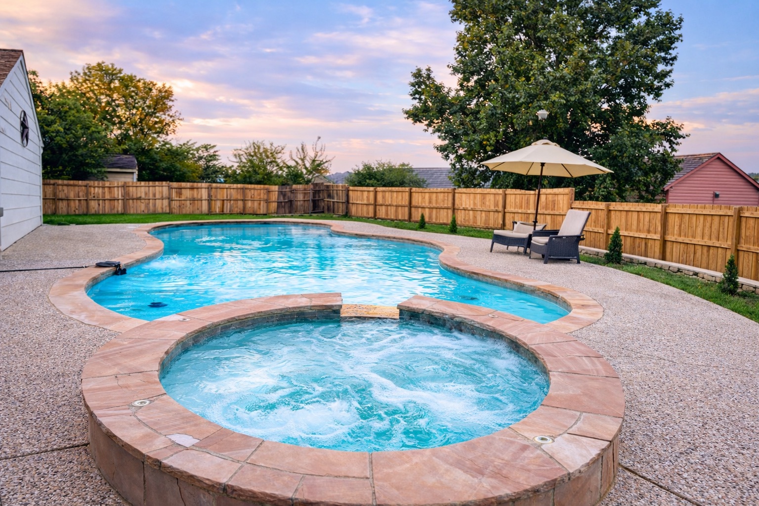 The pool & Spa area boasts spacious backyard, outdoor furnitures, grill and seating area.