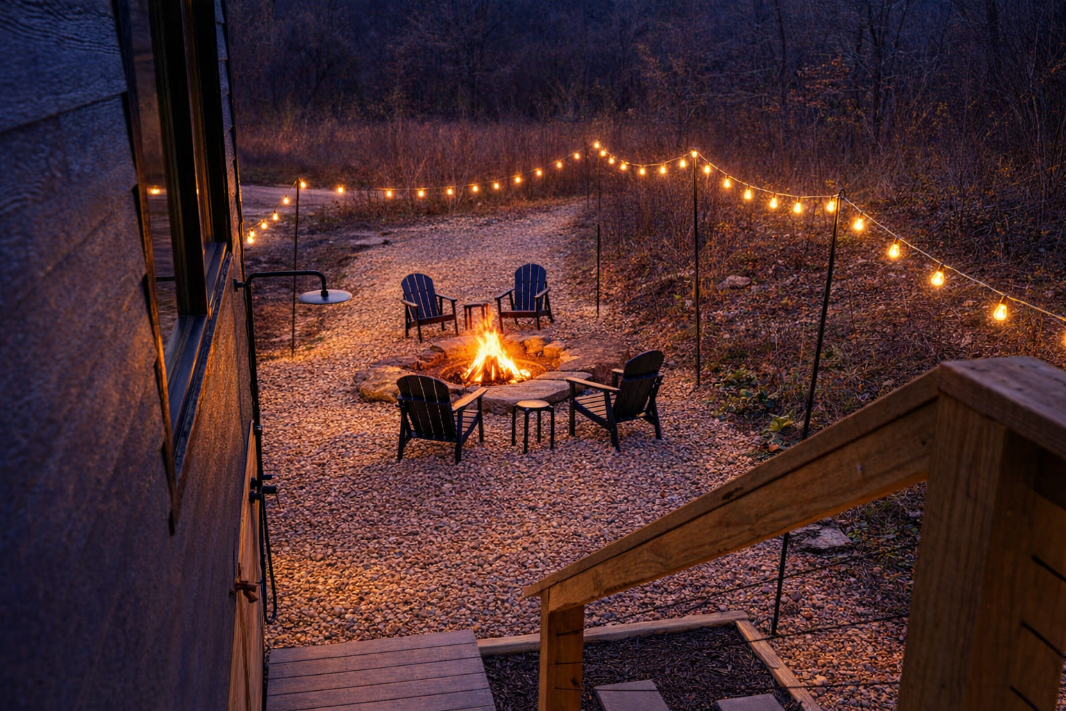 Evenings here are meant for firelight, conversation, and the sound of the creek
