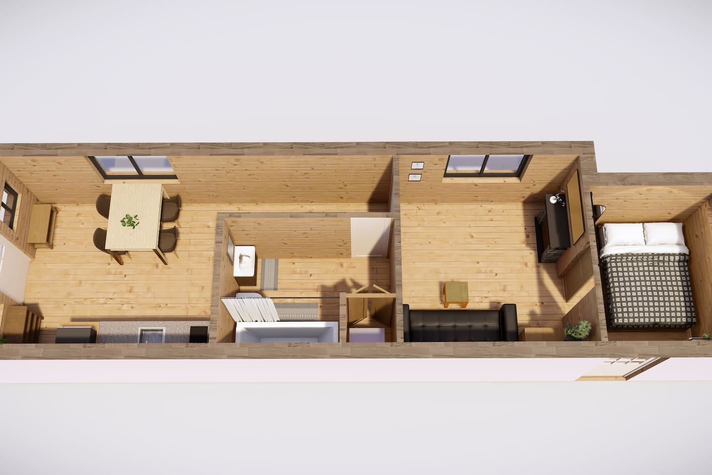 Tiny Elk 3D Floor Plan-  Angled view from the kitchen/dining side down the full length of the cabin: full kitchen, four‑seat table, central bath, cozy living room with sleeper sofa and TV, culminating in the private queen bedroom at the far end.