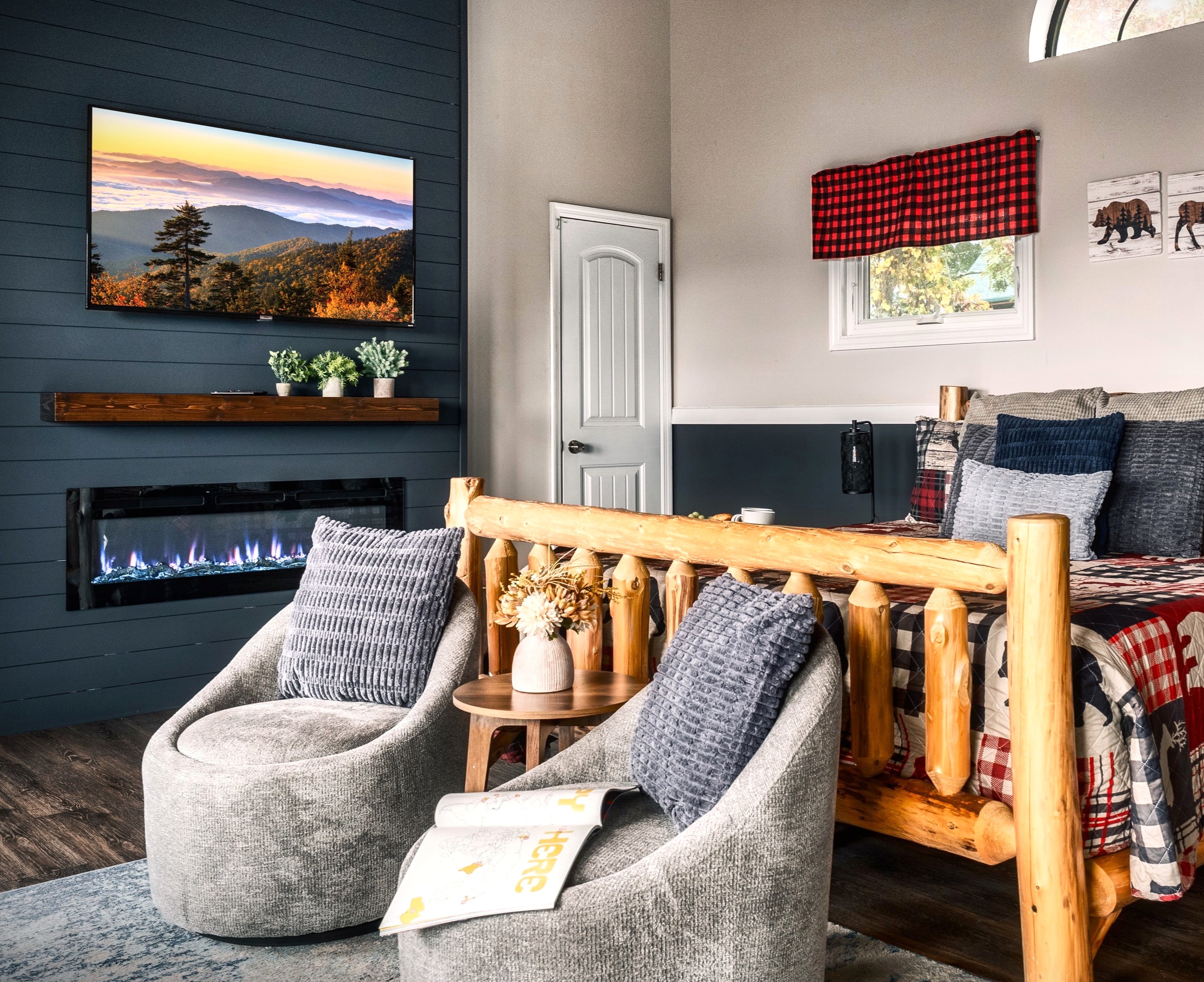 Whether it’s a cool morning or a cozy night in, unwind in bed with the warmth of an electric fireplace and incredible mountain views as your backdrop.