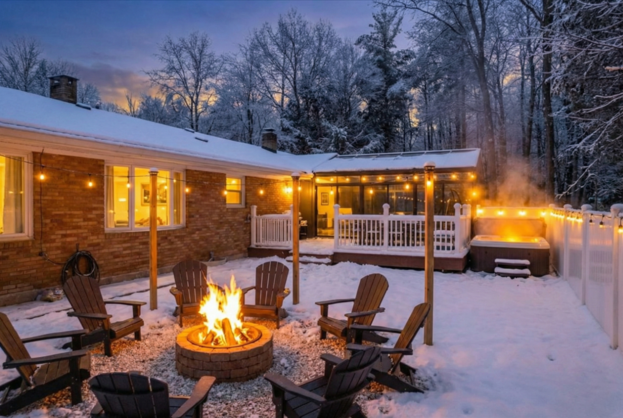 Backyard at night in snow w/firepit and lights