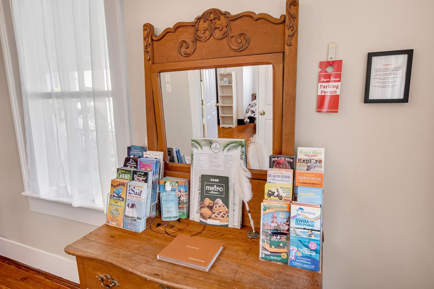 Welcome table with brochures and guest book