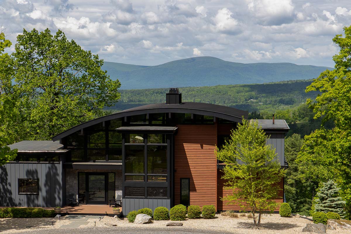 Front of Sunset Falls Estate head-on in summer &mdash; modern mountain home, Berkshires