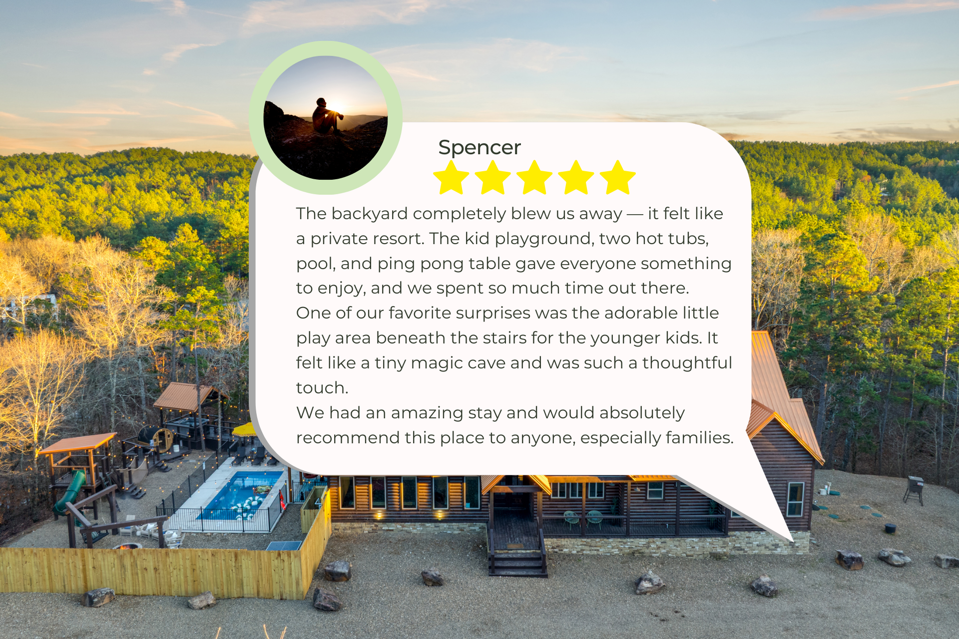 5 Star comment Backyard Oasis: Dive into fun with a pool, hot tubs, and a playground for endless adventures!