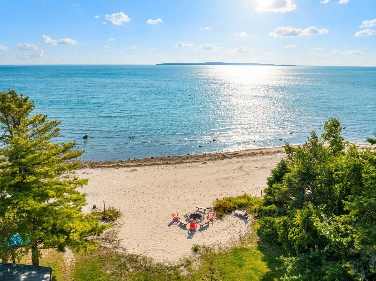 Aerial view of the beach and Mackinac Island in the distance.