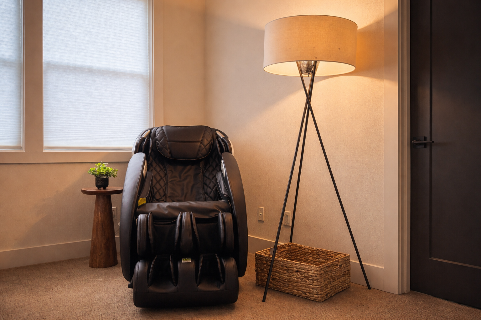 This 3D massage chair offers deep tissue, Thai massage, full relaxation, and even stretch modes. It’s located in the primary bedroom. 