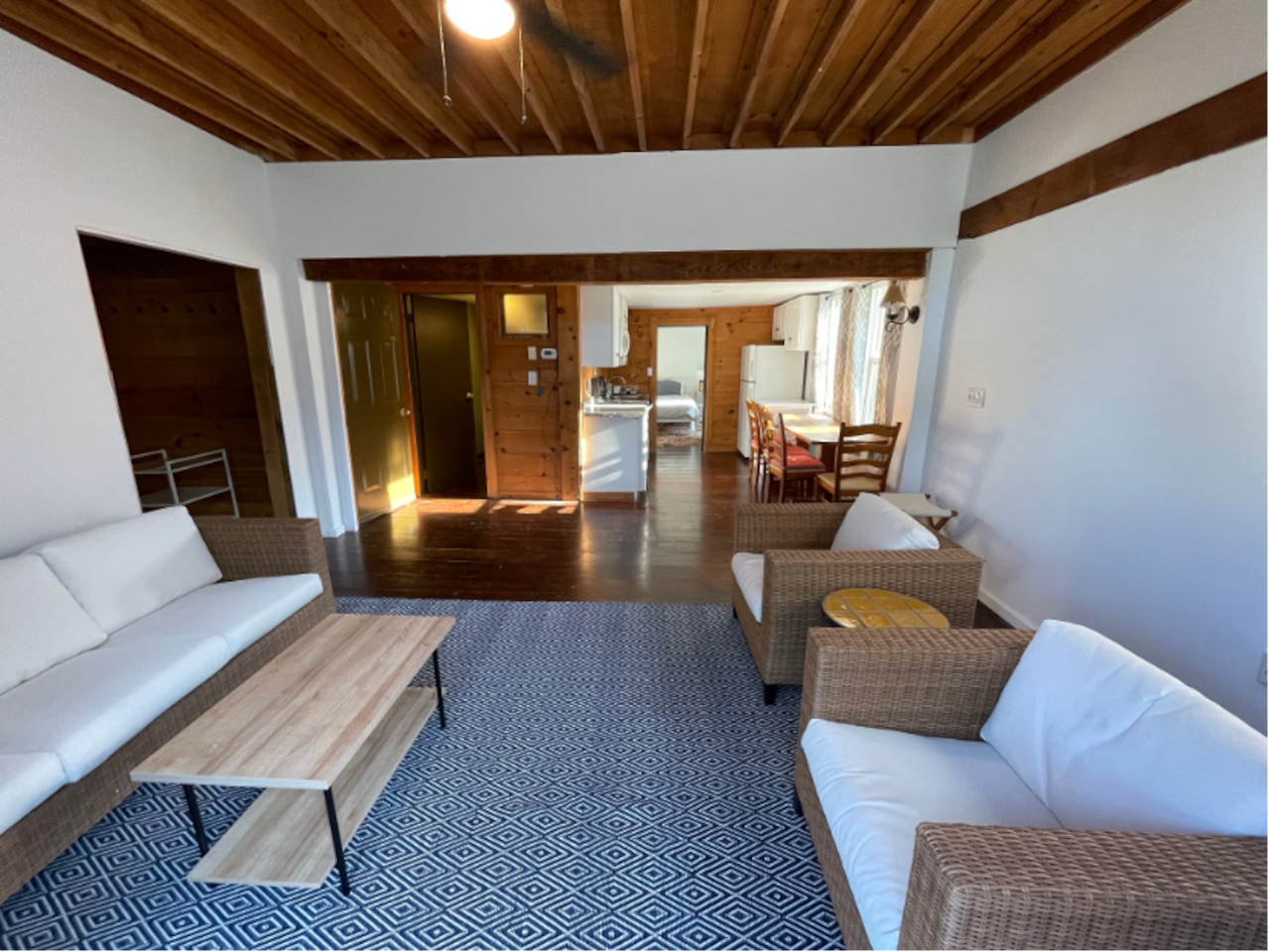 View from the deck's sliding doors into the living room and kitchen
